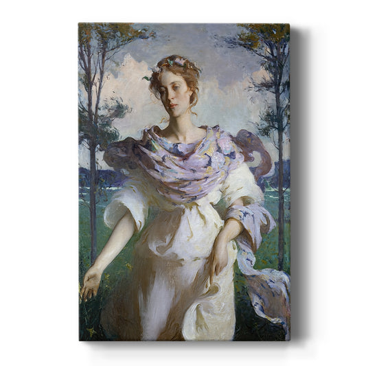 Canvas art print featuring an impressionist scene of a woman in a flowing dress in a sunlit setting on a clean white background.