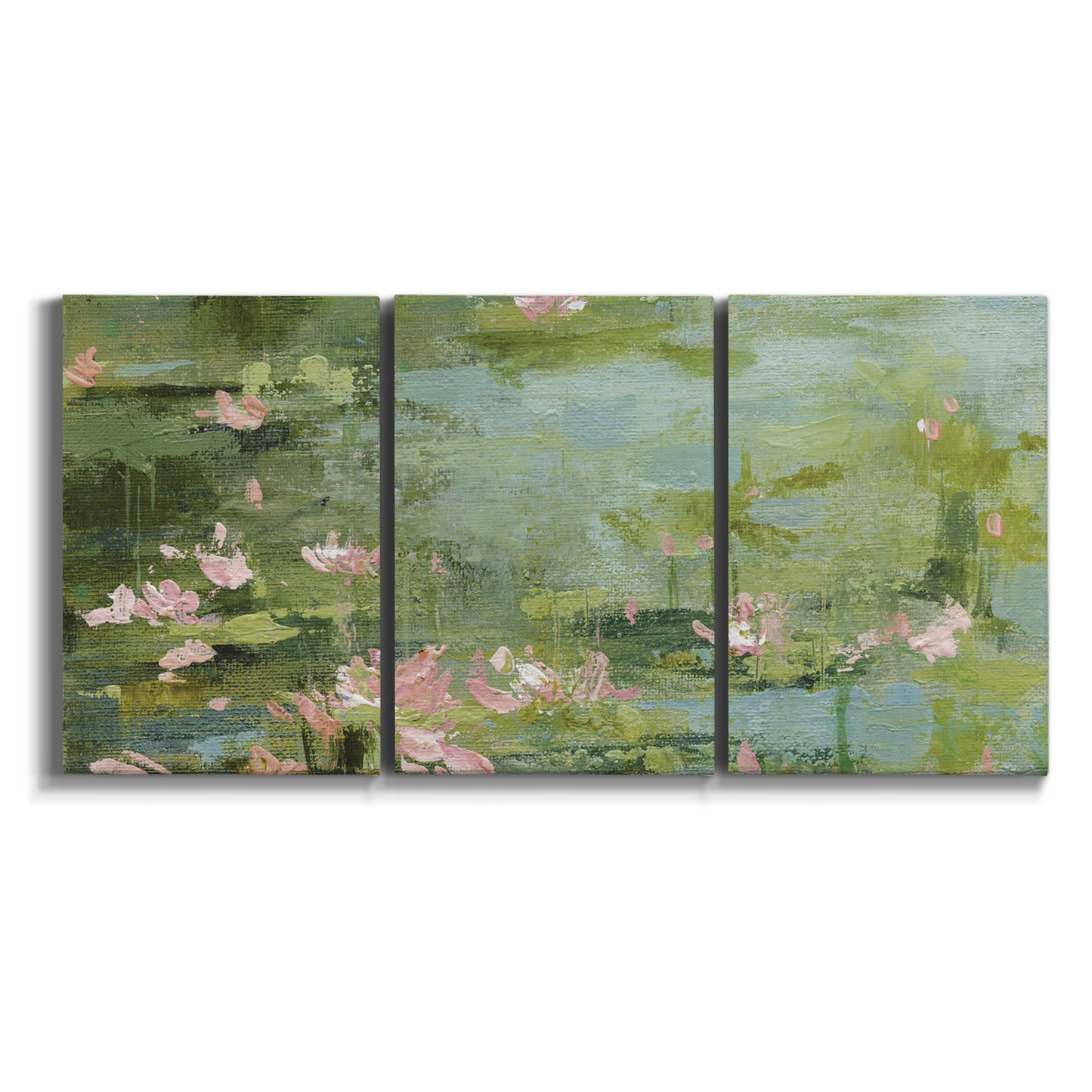 Three-panel canvas wall art featuring muted water lily pond on white background.
