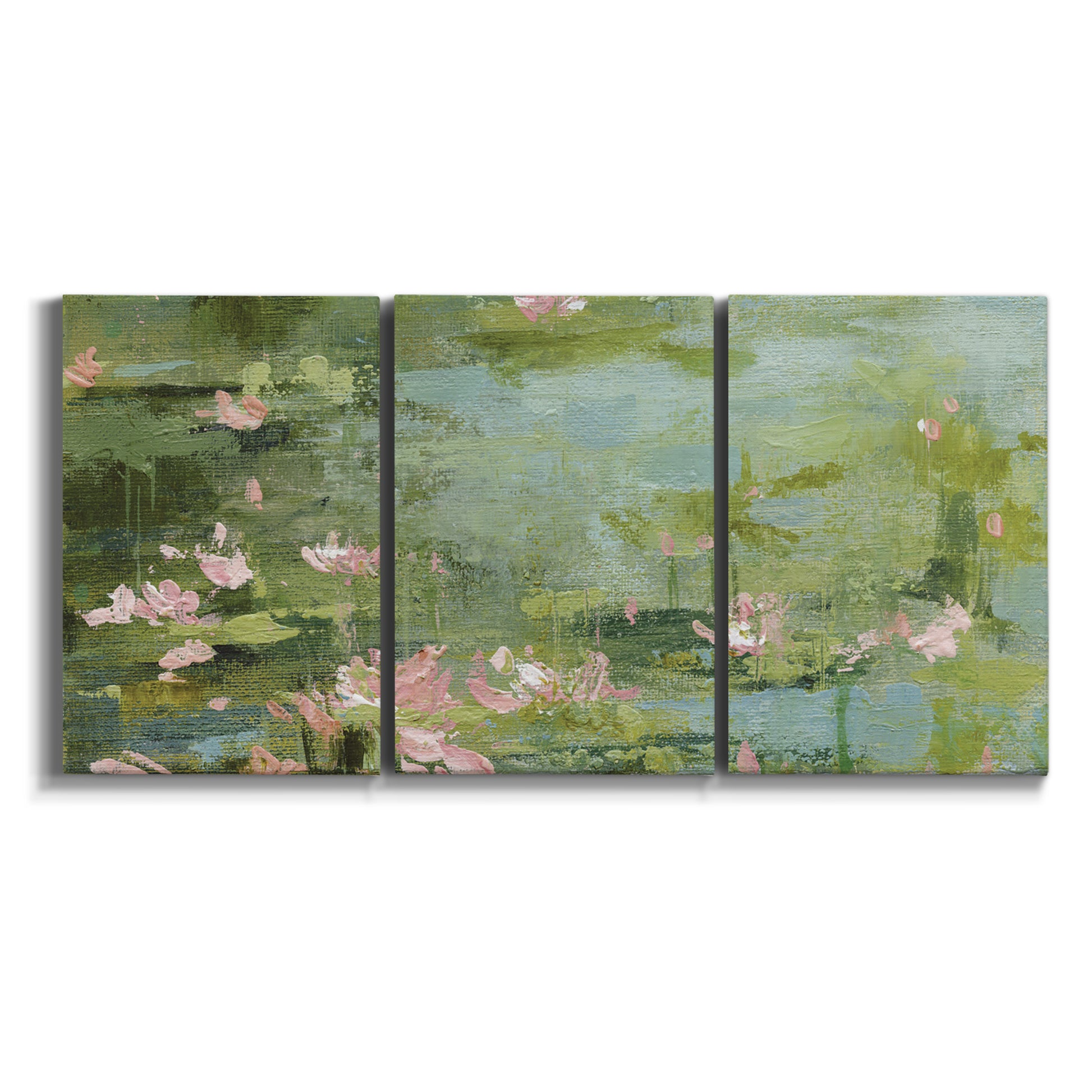 Three-panel canvas wall art featuring muted water lily pond on white background.