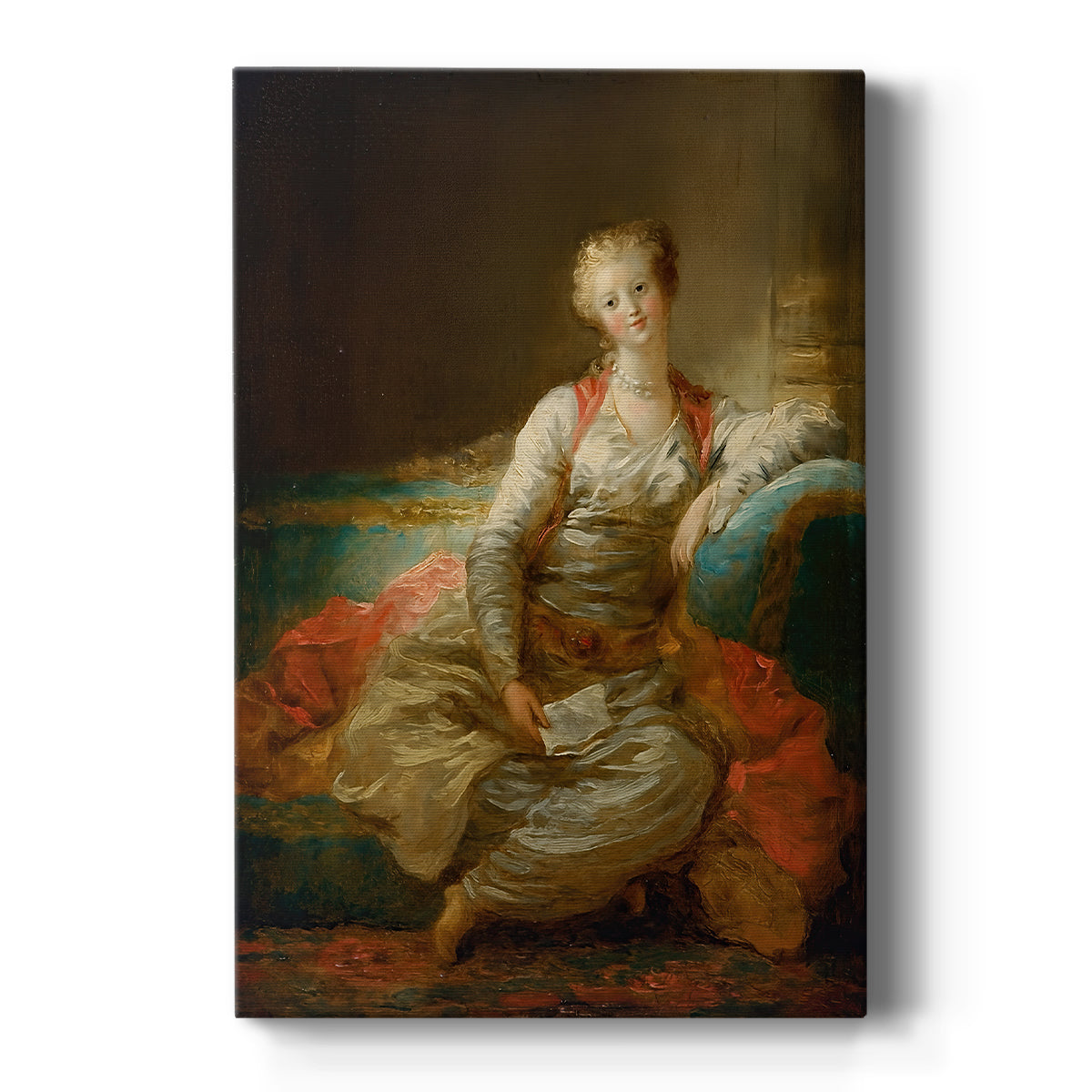Canvas art print featuring a Rococo portrait of a reclining woman on an ottoman with rich textiles on a clean white background.