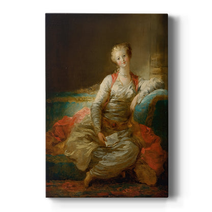 Canvas art print featuring a Rococo portrait of a reclining woman on an ottoman with rich textiles on a clean white background.