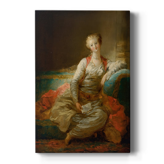 Canvas art print featuring a Rococo portrait of a reclining woman on an ottoman with rich textiles on a clean white background.