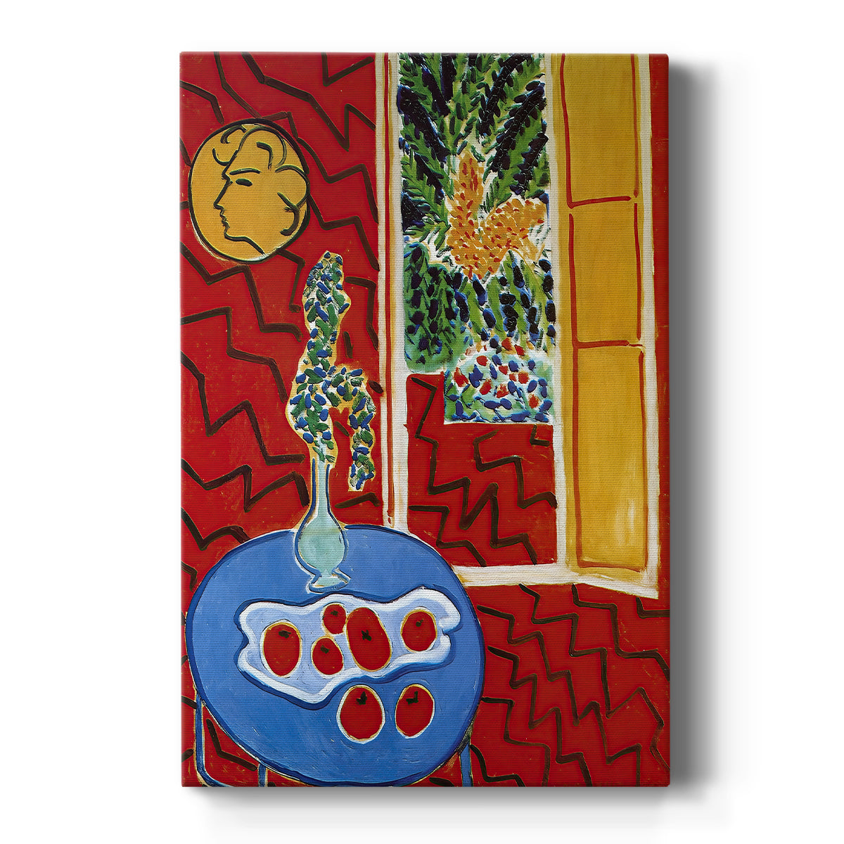 Canvas art print featuring a fauvist interior still life with a blue table against a bold red patterned room on a clean white background.