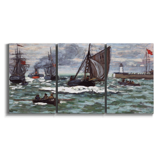 Three-panel canvas wall art featuring harbor entrance with sailing boats on white background.