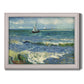 Impressionist coastal seascape by Vincent van Gogh printed on canvas in an ornate weathered white frame.