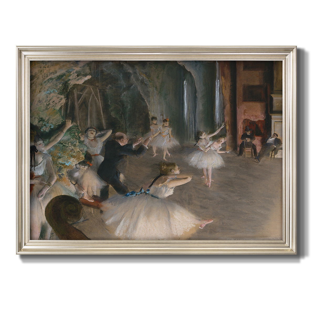 Impressionist backstage ballet scene by Edgar Degas printed on canvas in an ornate champagne frame.