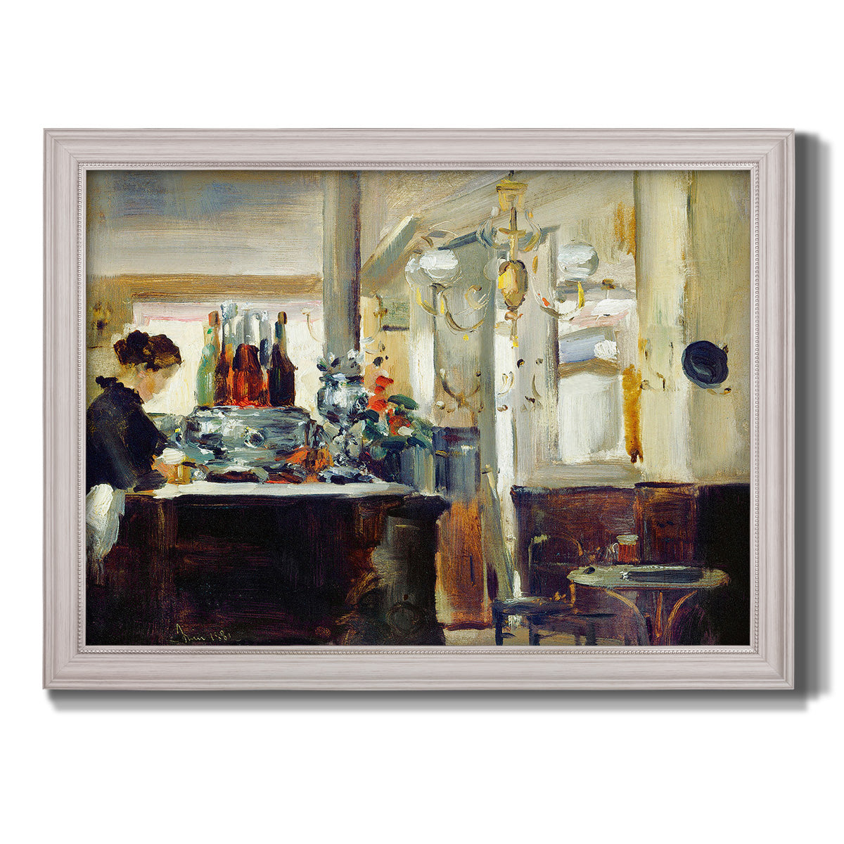 Impressionist café still life scene by Édouard Manet printed on canvas in an ornate weathered white frame.