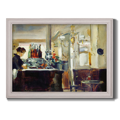Impressionist café still life scene by Édouard Manet printed on canvas in an ornate weathered white frame.