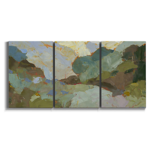 Three-panel canvas wall art featuring abstract landscape suggesting travel pause on white background.