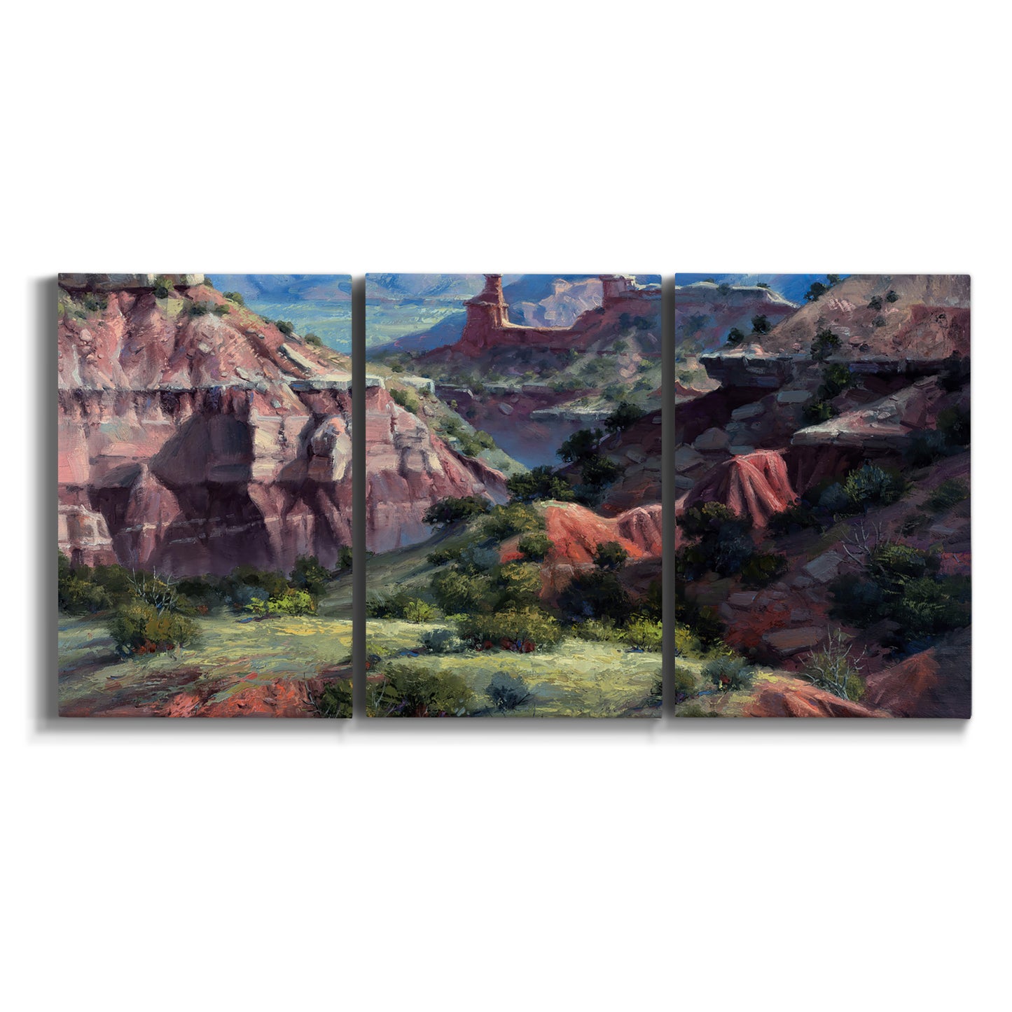 Three-panel canvas wall art featuring classic canyon landscape scene on white background.