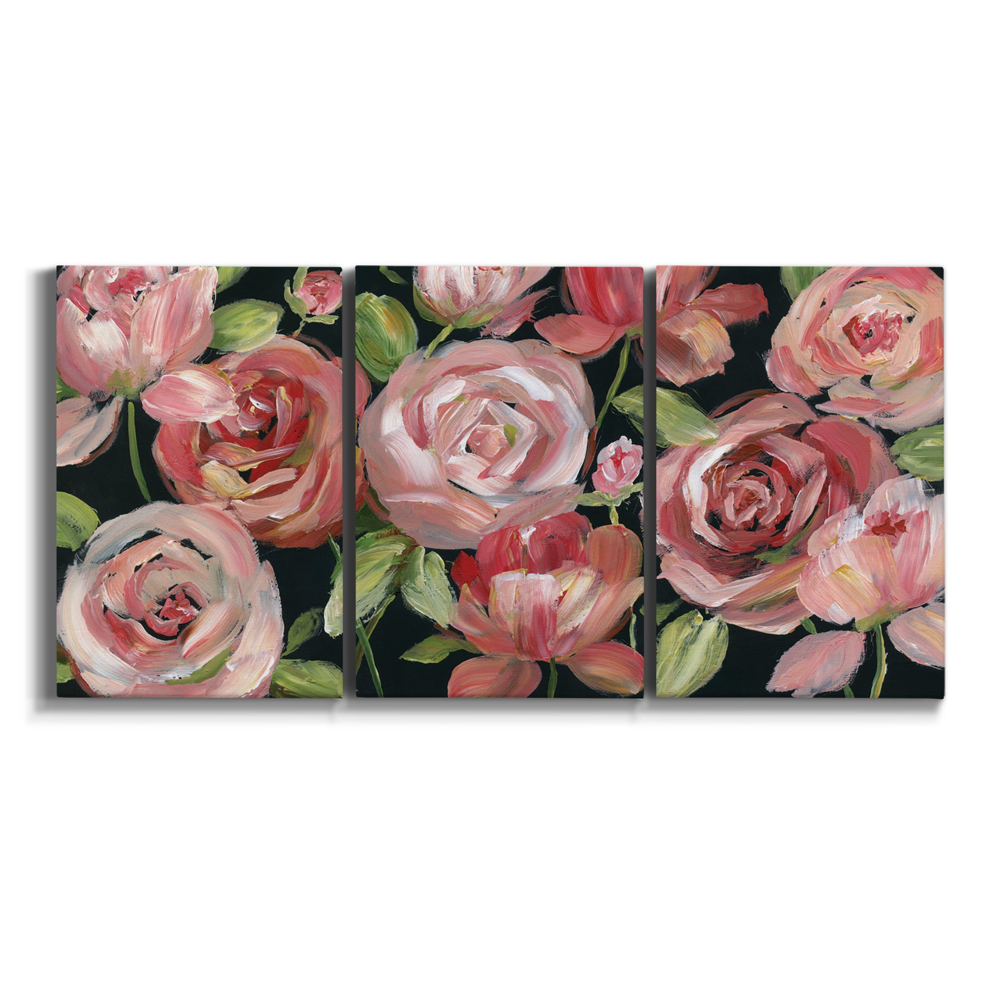 Three-panel canvas wall art featuring bold red floral abstraction on white background.