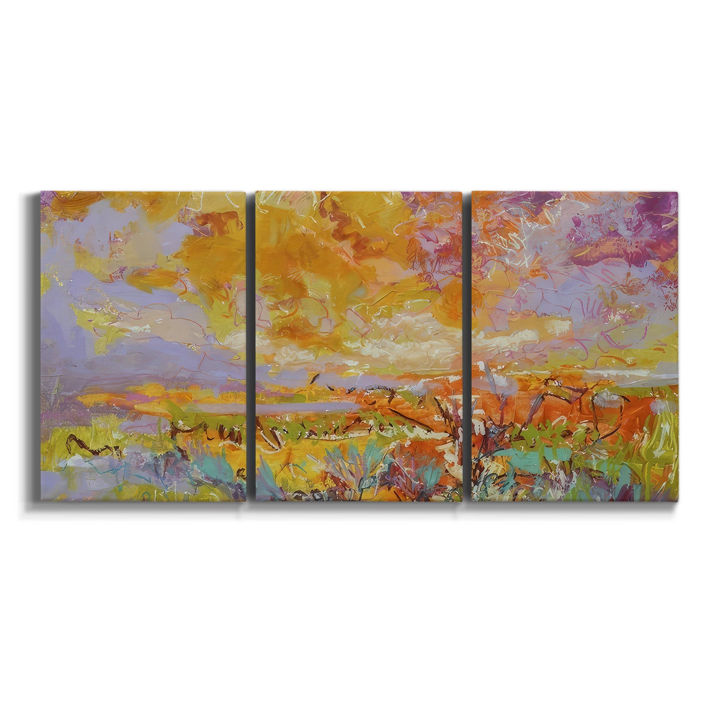 Three-panel canvas wall art featuring abstract meadow inspired color fields on white background.
