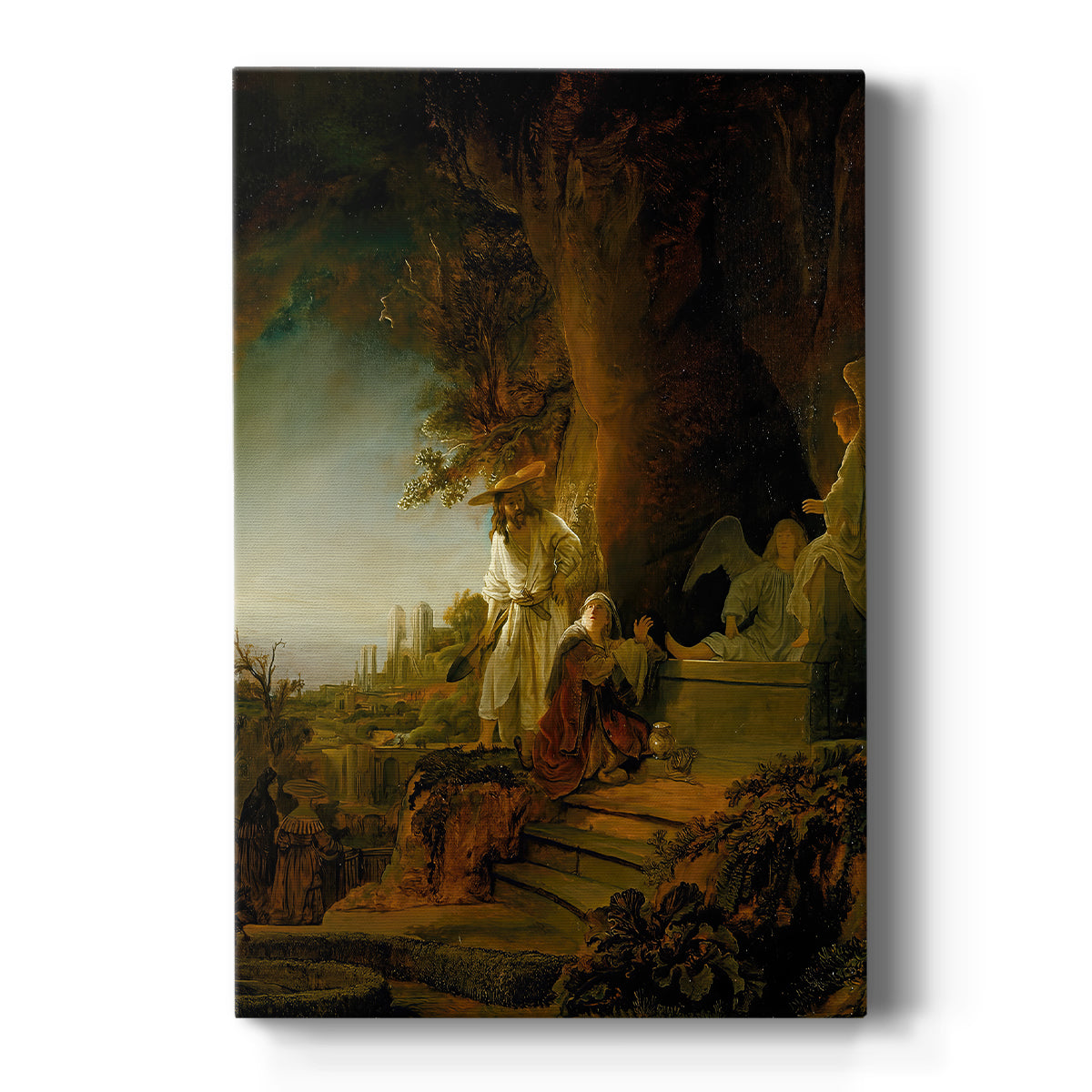 Canvas art print featuring a Baroque scene of Christ and Mary Magdalene in a dimly lit outdoor setting on a clean white background.