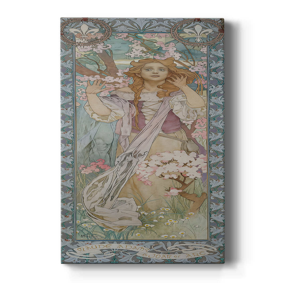 Canvas art print featuring an Art Nouveau portrait of a woman in armor as Joan of Arc with ornate details on a clean white background.