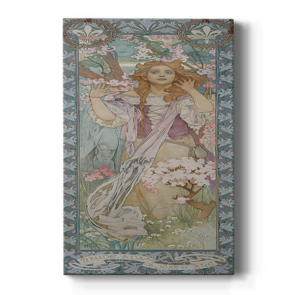 Canvas art print featuring an Art Nouveau portrait of a woman in armor as Joan of Arc with ornate details on a clean white background.