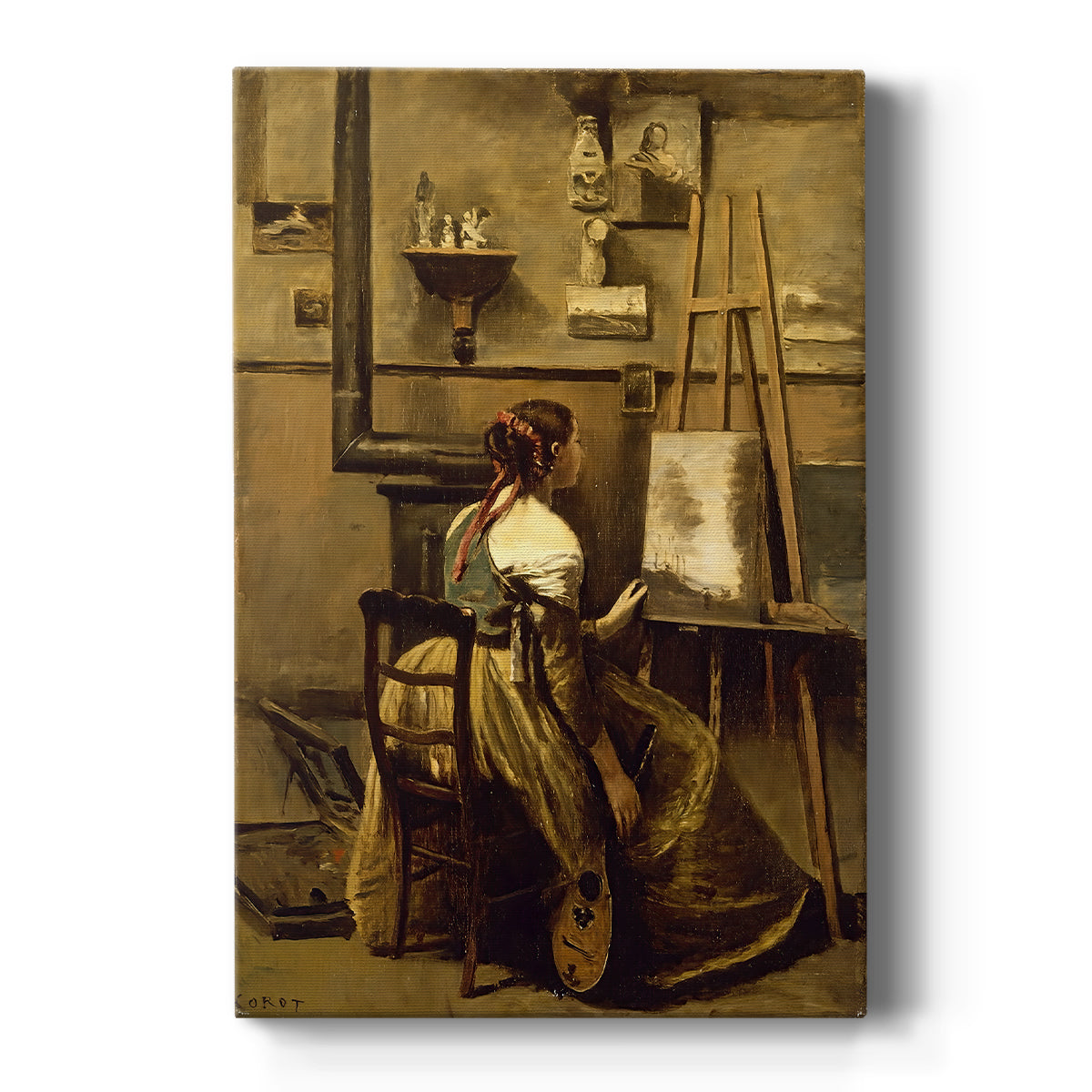 Canvas art print featuring a realistic interior of a woman painting in the artist's studio on a clean white background.