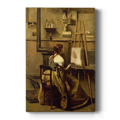 Canvas art print featuring a realistic interior of a woman painting in the artist's studio on a clean white background.