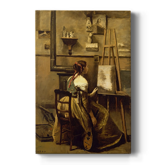 Canvas art print featuring a realistic interior of a woman painting in the artist's studio on a clean white background.