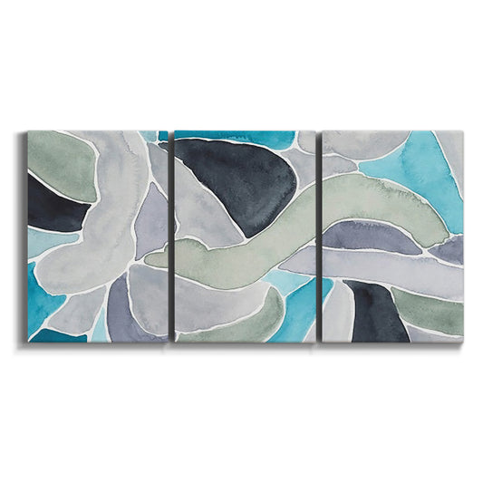 Three-panel canvas wall art featuring subtle abstract billowing color layers on white background.