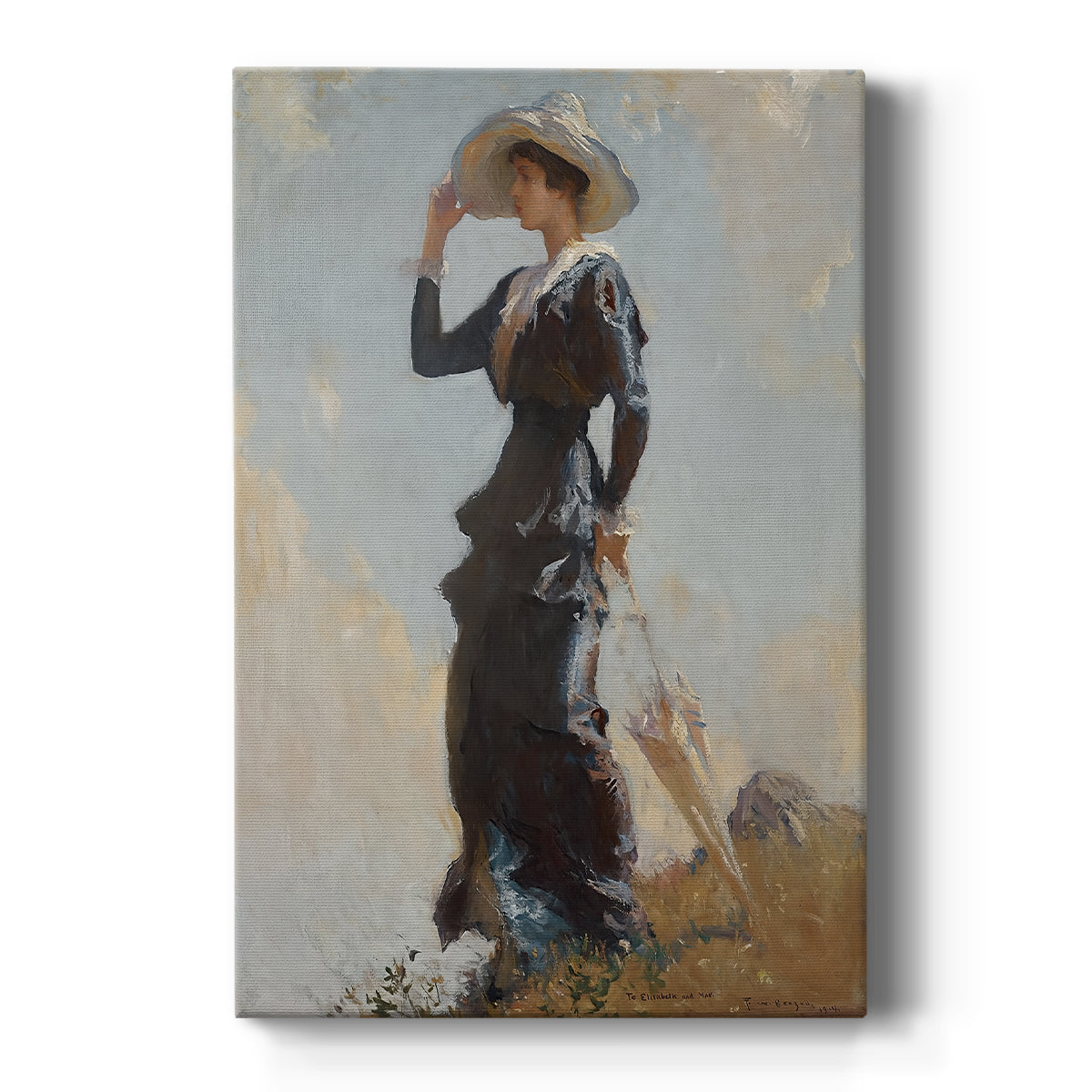 Canvas art print featuring an impressionist scene of a woman standing outdoors on a hill in soft light on a clean white background.