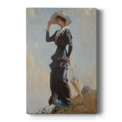 Canvas art print featuring an impressionist scene of a woman standing outdoors on a hill in soft light on a clean white background.