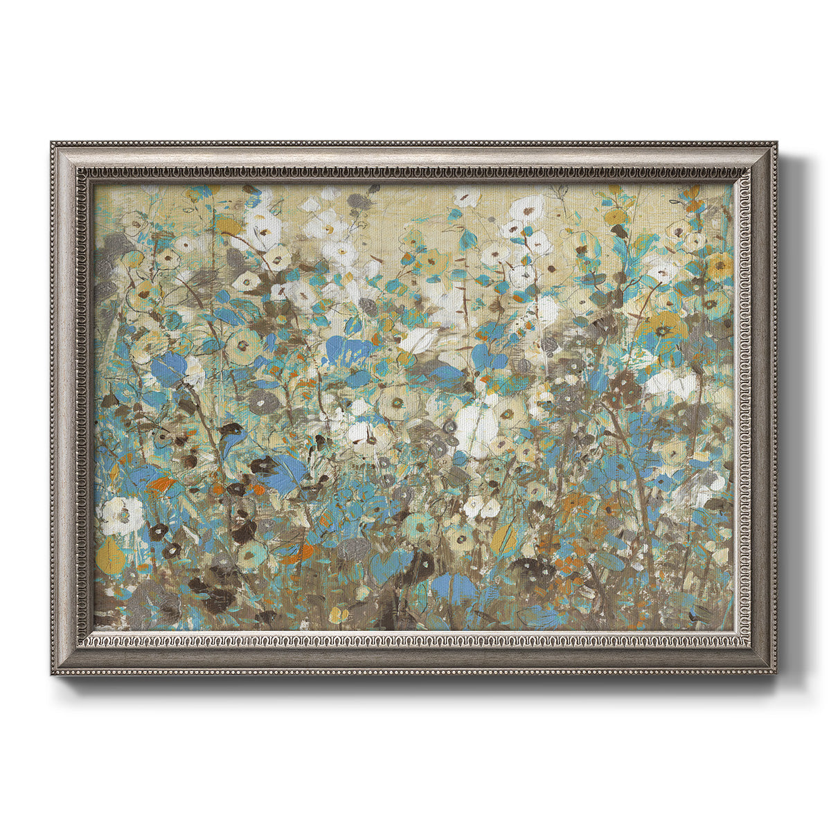 Impressionist flowering vine watercolor artwork printed on canvas in an ornate vintage silver frame.