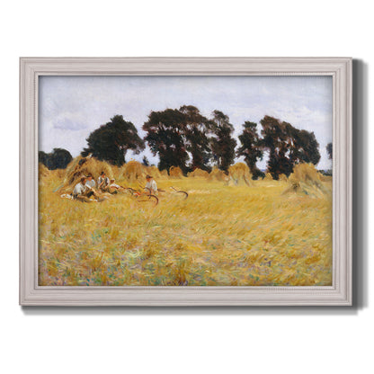 Impressionist rural harvest scene by John Singer Sargent printed on canvas in an ornate weathered white frame.