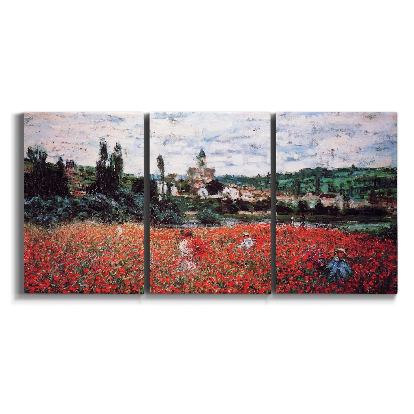 Three-panel canvas wall art featuring poppy field beside village landscape on white background.
