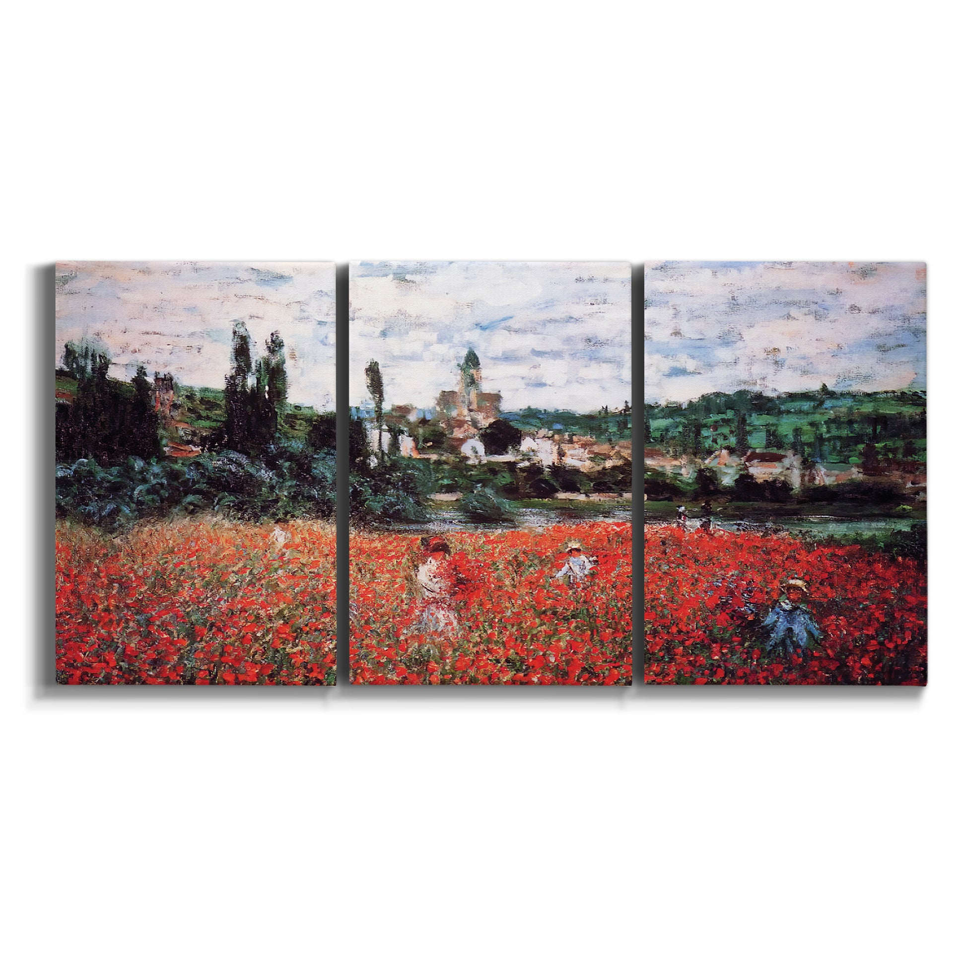 Three-panel canvas wall art featuring poppy field beside village landscape on white background.