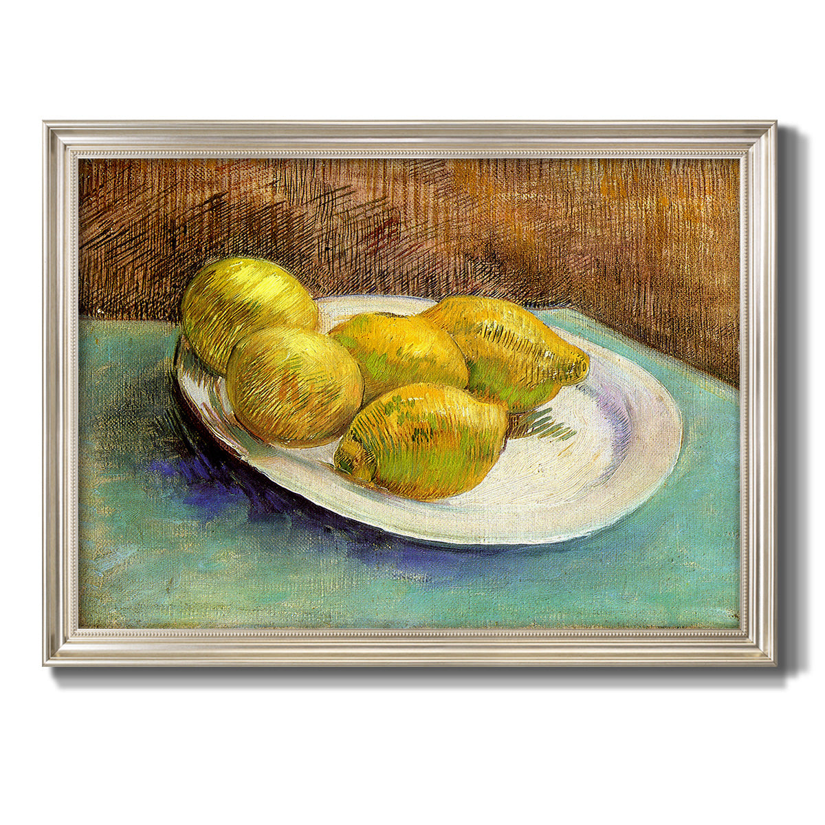 Impressionist still life with lemons by Vincent van Gogh printed on canvas in an ornate champagne frame.