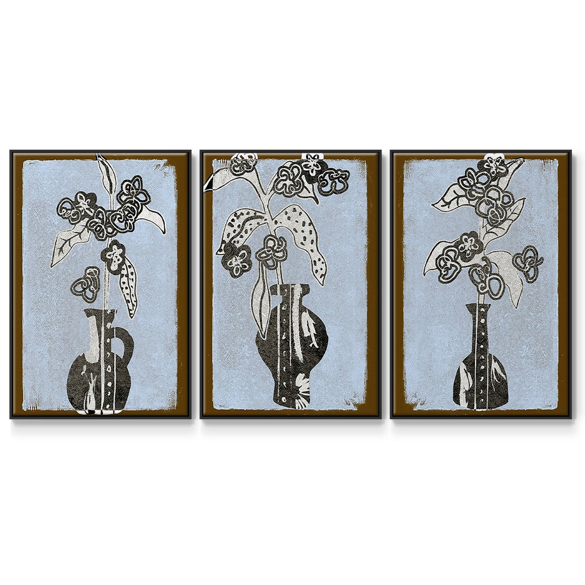 Graphic Flowers in Vase I - Framed Premium Gallery Wrapped Canvas L Frame 3 Piece Set - Ready to Hang