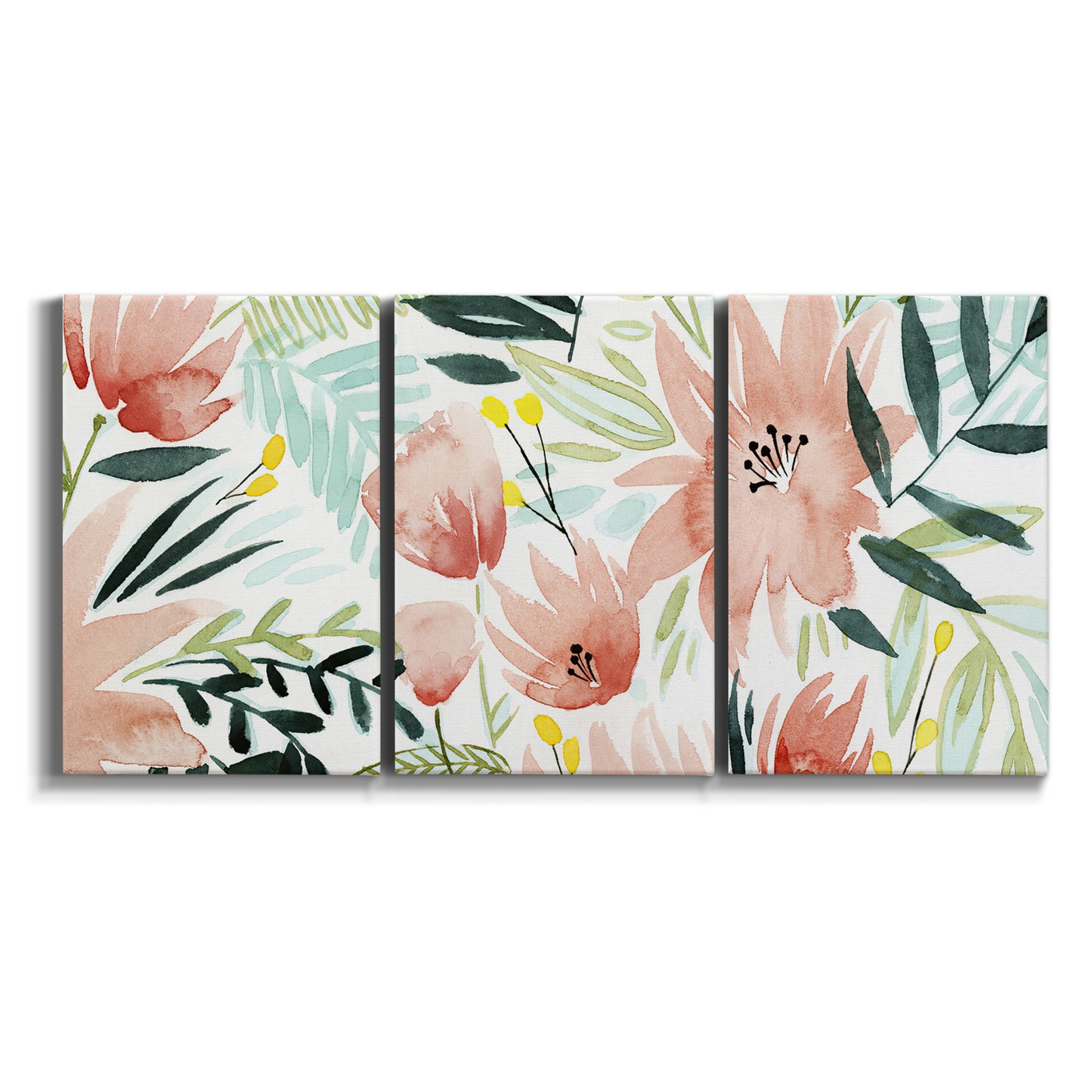 Three-panel canvas wall art featuring layered tropical plant collage on white background.