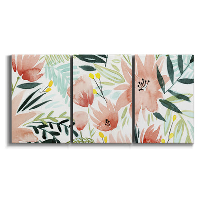 Three-panel canvas wall art featuring layered tropical plant collage on white background.