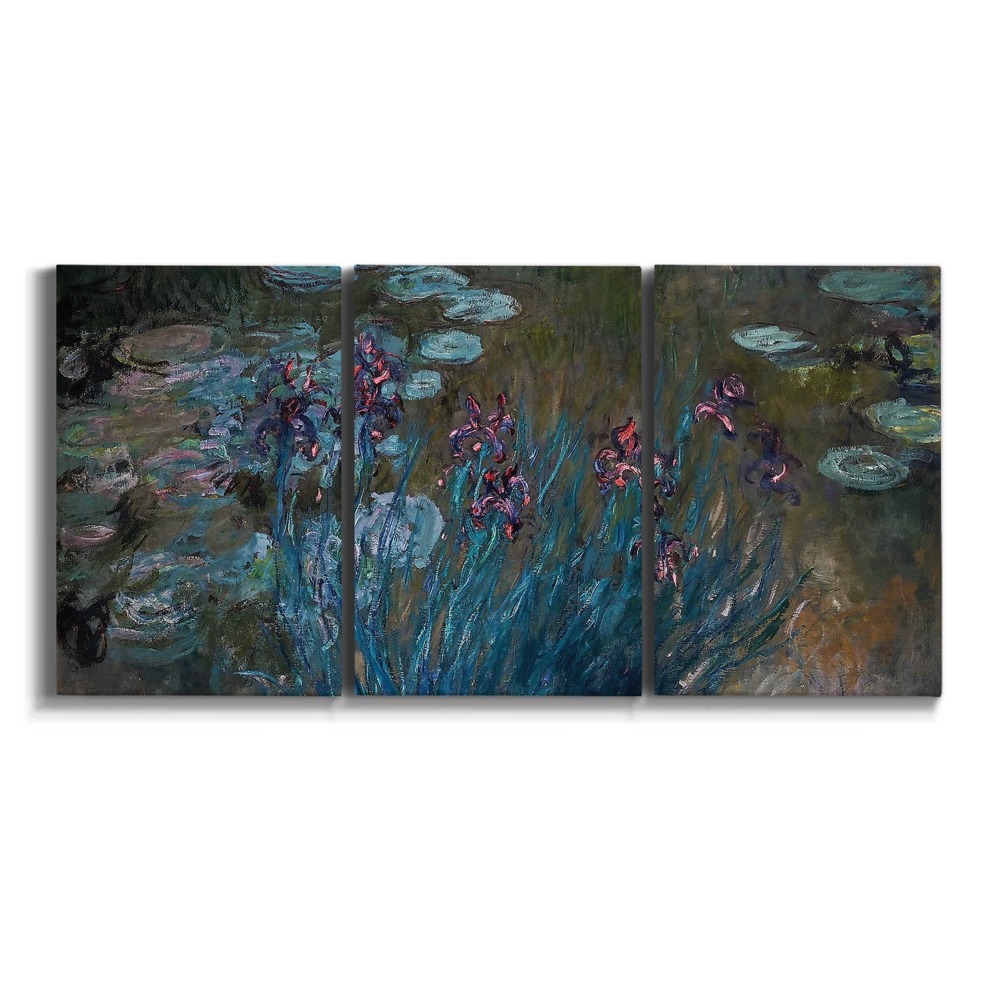 Three-panel canvas wall art featuring water lilies on reflective pond on white background.