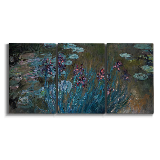 Three-panel canvas wall art featuring water lilies on reflective pond on white background.