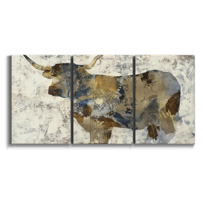 Three-panel canvas wall art featuring farm animal portrait in rustic setting on white background.