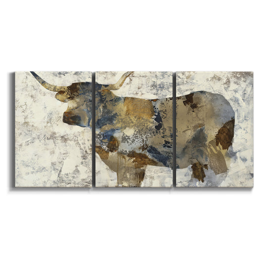 Three-panel canvas wall art featuring farm animal portrait in rustic setting on white background.