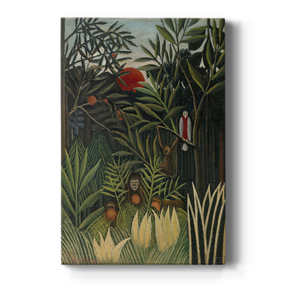 Canvas art print featuring a naïve-style jungle scene with tropical wildlife and plants on a clean white background.