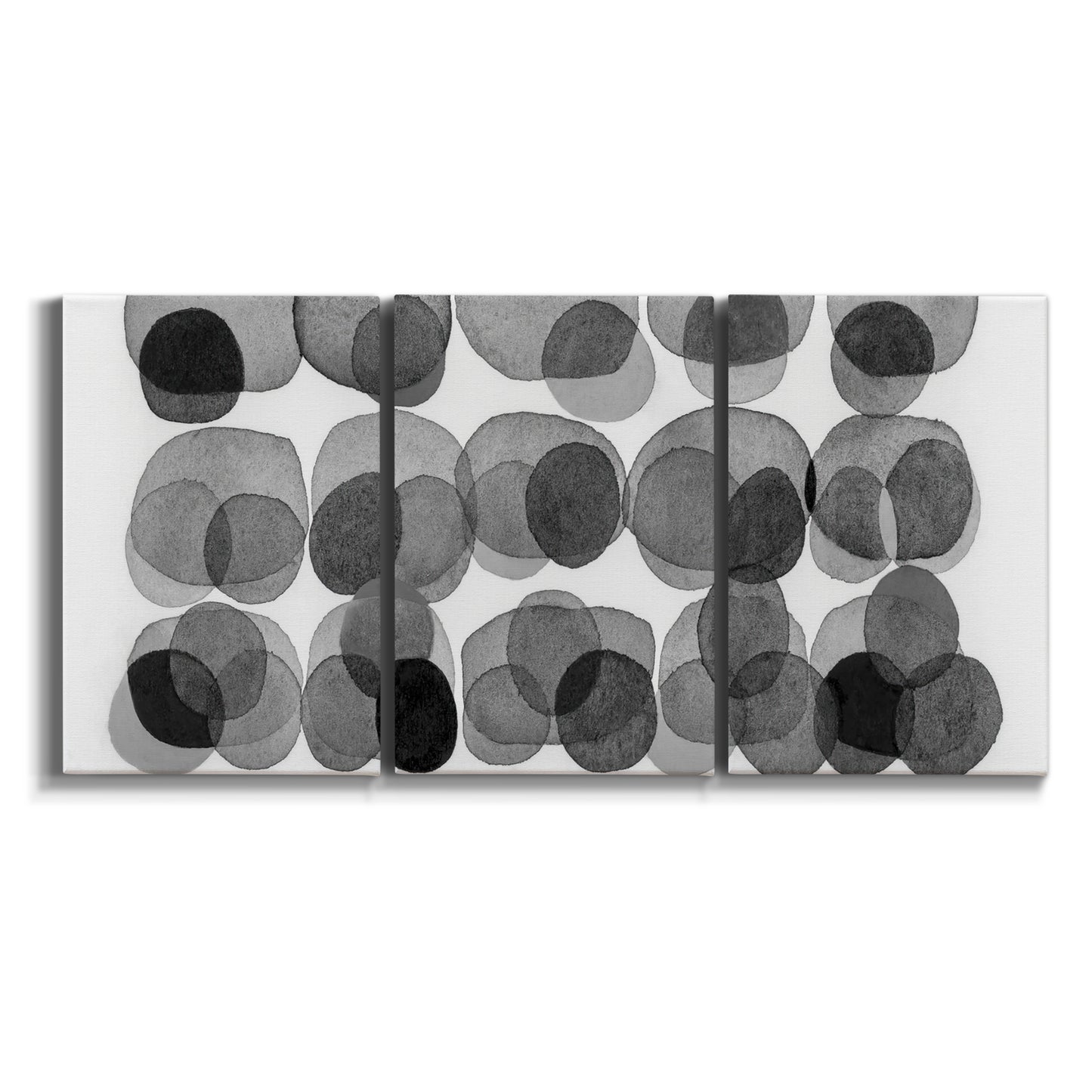 Three-panel canvas wall art featuring geometric abstract watercolor forms on white background.