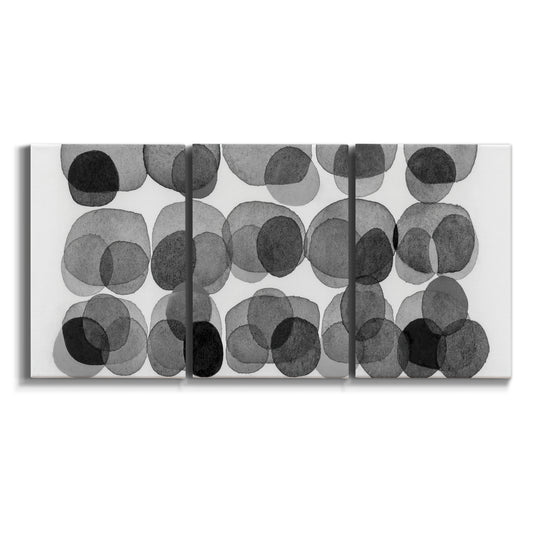 Three-panel canvas wall art featuring geometric abstract watercolor forms on white background.