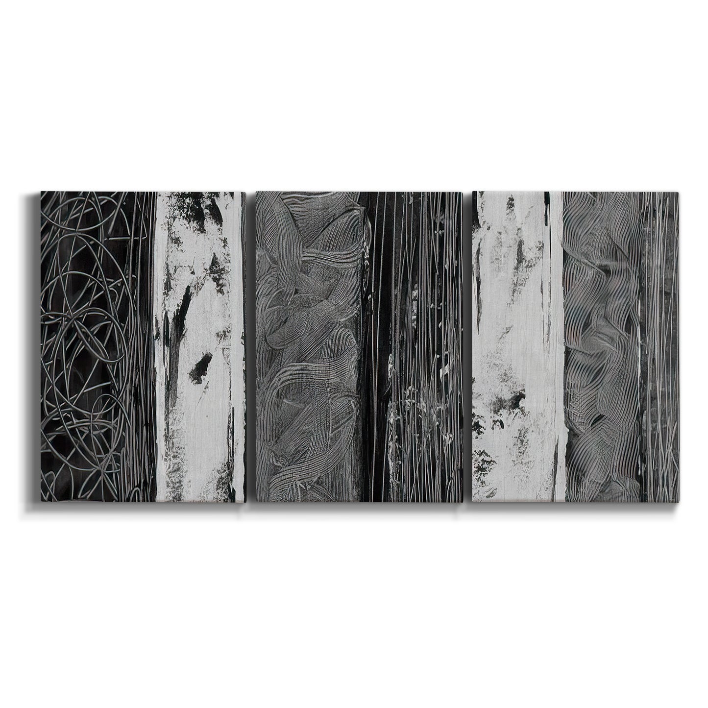 Three-panel canvas wall art featuring brushed metallic abstract textures on white background.