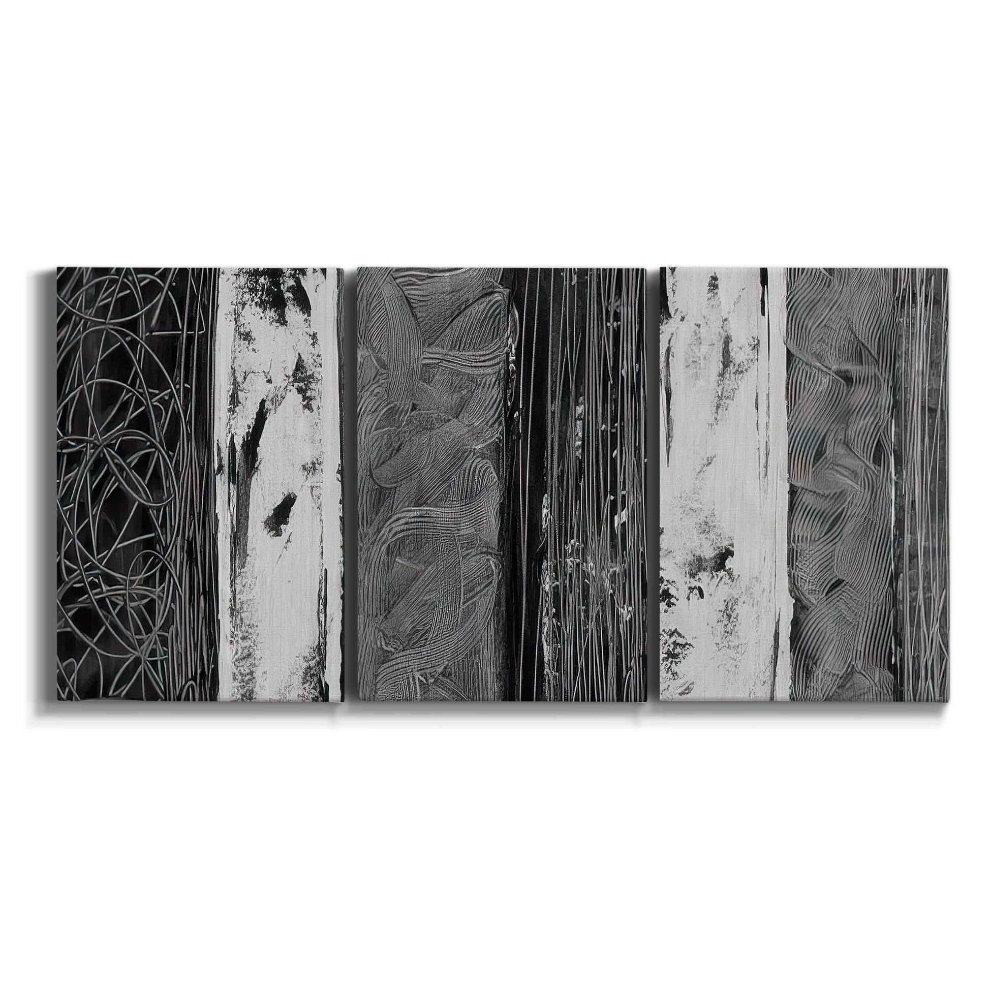 Three-panel canvas wall art featuring brushed metallic abstract textures on white background.