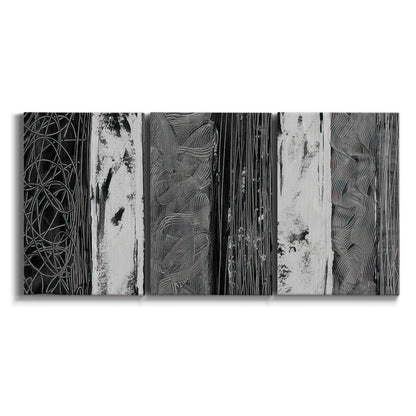 Three-panel canvas wall art featuring brushed metallic abstract textures on white background.
