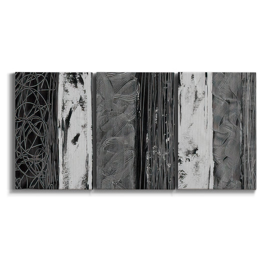 Three-panel canvas wall art featuring brushed metallic abstract textures on white background.