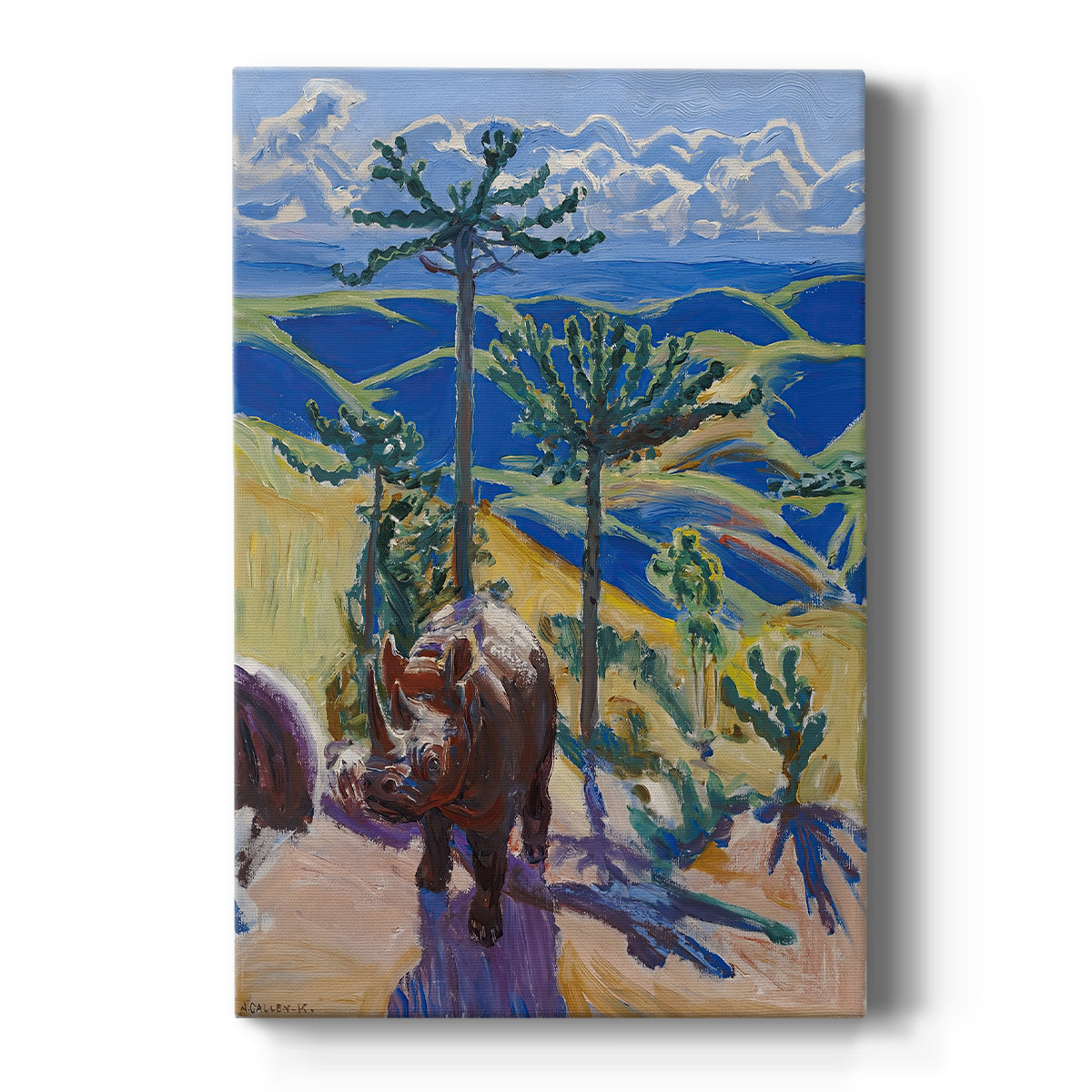 Canvas art print featuring an expressive scene of a rhinoceros among tall trees in a vivid landscape on a clean white background.