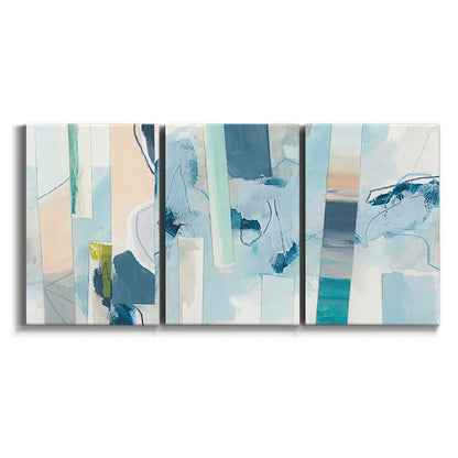 Three-panel canvas wall art featuring layered geometric abstract strata forms on white background.