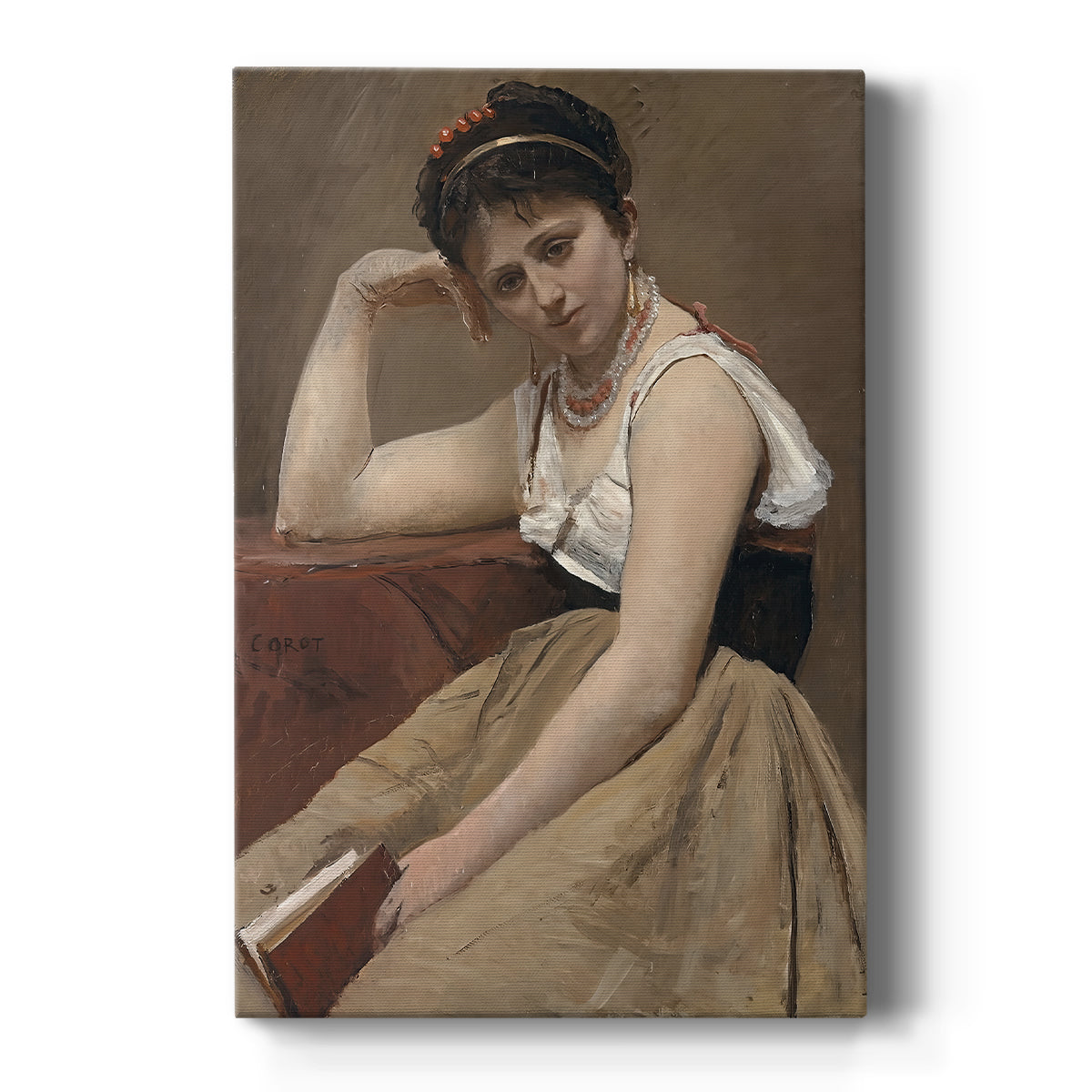 Canvas art print featuring a realistic scene of a woman pausing while reading in soft light on a clean white background.