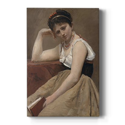 Canvas art print featuring a realistic scene of a woman pausing while reading in soft light on a clean white background.