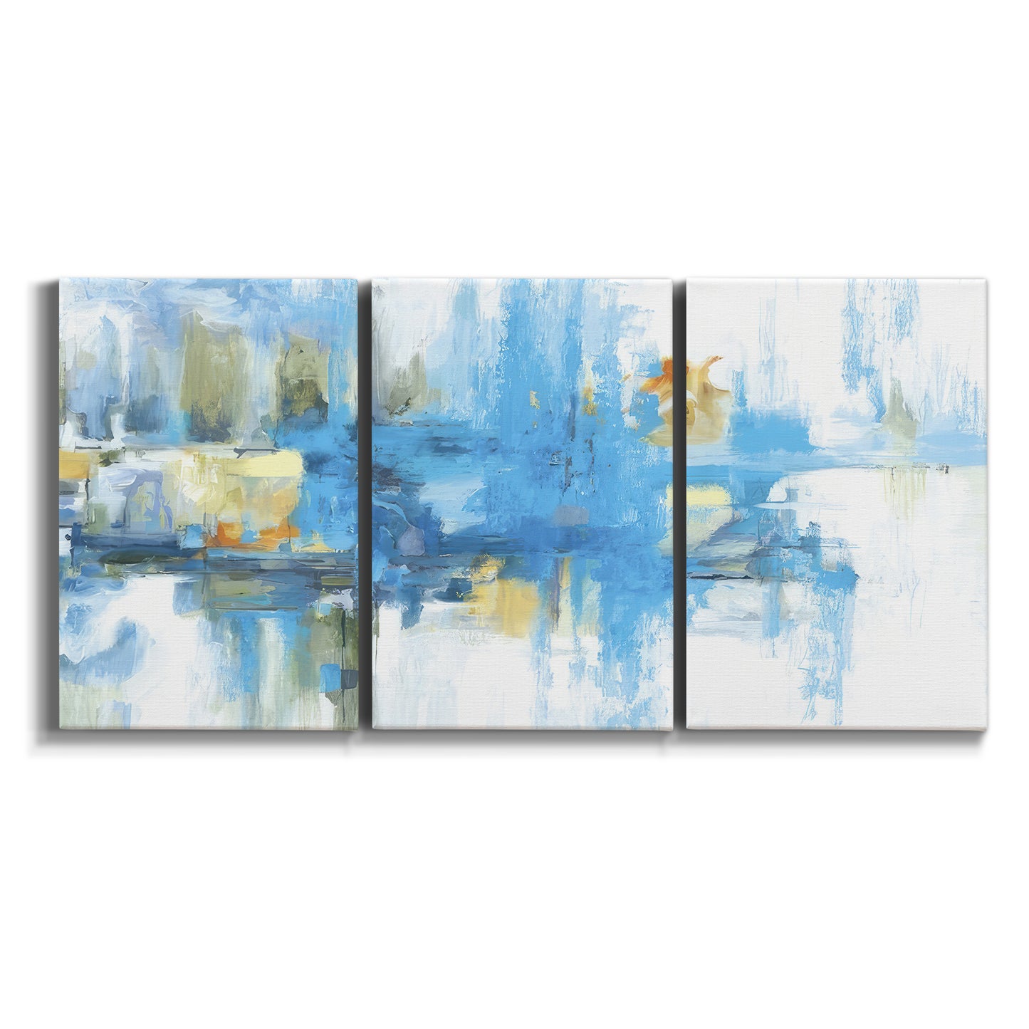 Three-panel canvas wall art featuring blue toned abstract city rhythm on white background.