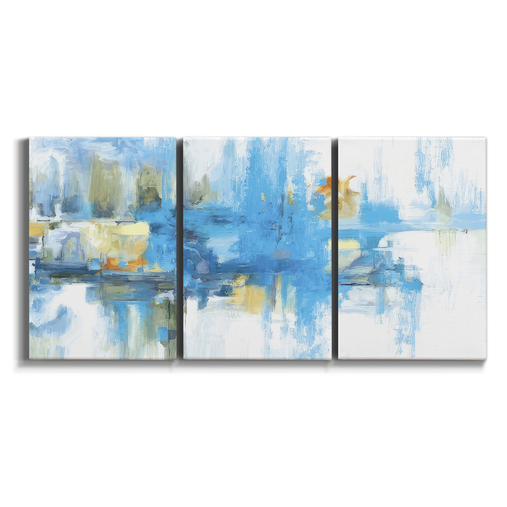 Three-panel canvas wall art featuring blue toned abstract city rhythm on white background.